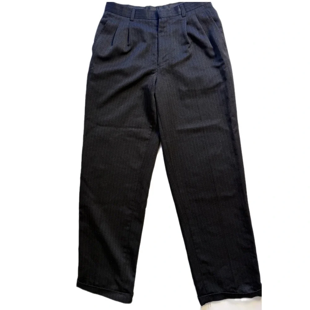 Pierre Cardin Mens Pleated Pinstripe‎ Trousers Black Charcoal Cuffed Size 14 27W